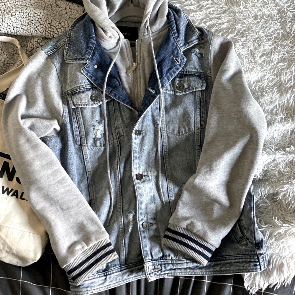 Zara Distressed Hooded Sweatshirt Denim Jacket